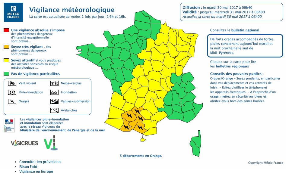 Orages Violents. Tarbes et les Hautes Pyrénées en alerte météo vigilance orange