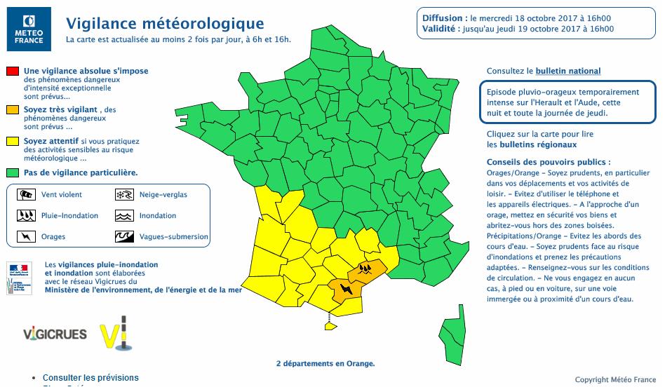 Orages Inondations. Aude et Hérault en alerte vigilance orange